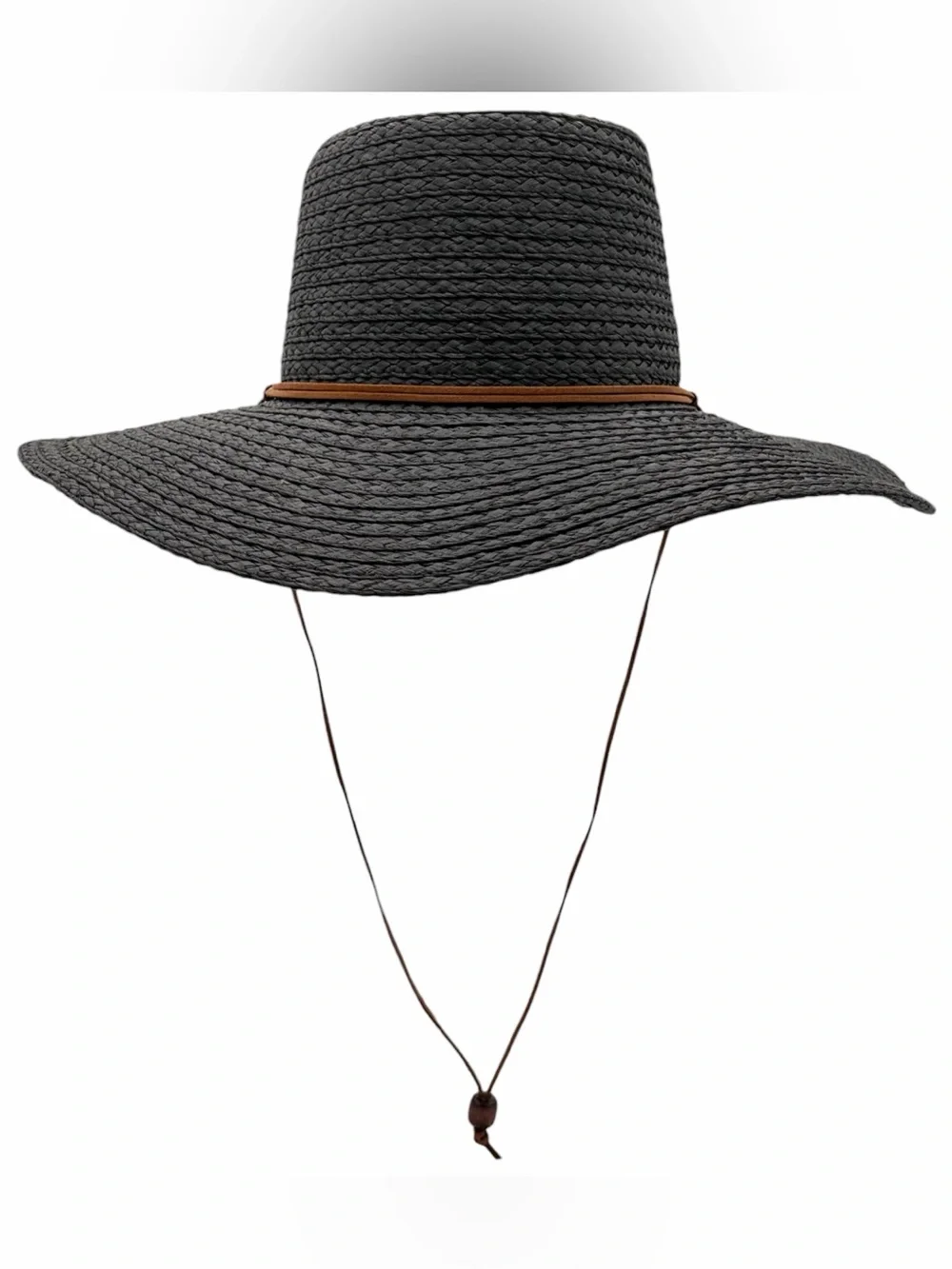 Black Wide Brim Straw Sun Hat with Brown Chin Cord